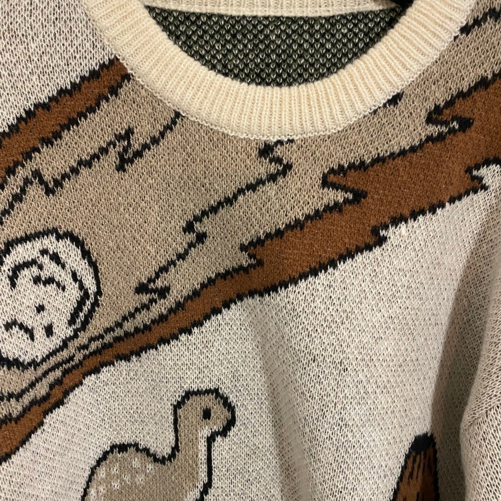 Prehistoric Dinosaur Meteor Sweater Mens XL Cream Retro Intarsia Knit Retro - Picture 4 of 7